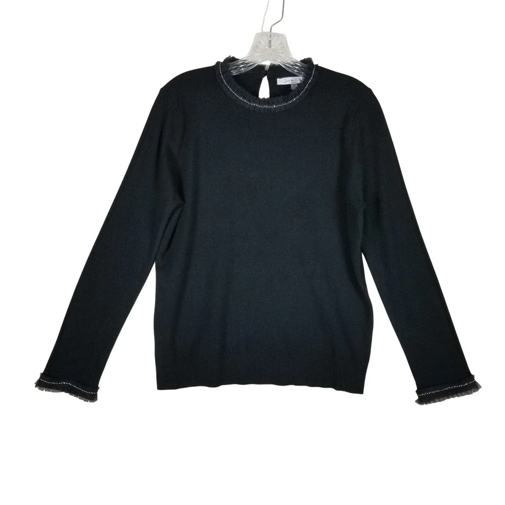 Siani Milano Sweater Women Medium Black Ruffle Tulle Bead Trim Pullover